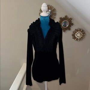 BCBG Max Azria Black Velvet Pleated & Ruffle Collar Blouse Sz S